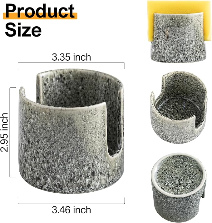 Zoeeker Kitchen Sponge Holder, Ceramic Dish Sponge Holder Scrubby Daddy | Cute Sink Caddy Dish Brush Drying Rack Scouring Pad Holder for Bathroom Countertop, Farmhouse Kitchen Decor, Special Gray