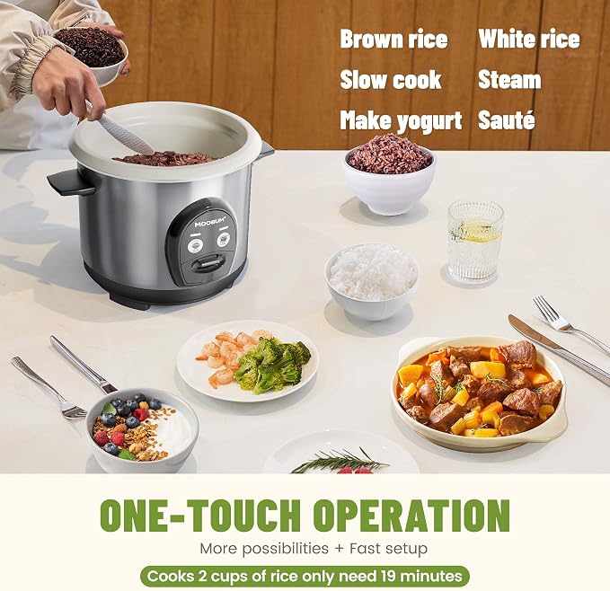3-Cup Uncooked Rice Cooker Small - Ceramic Coating Non-Toxic Inner Pot, One-Touch Multifunction for Rice/Sauté/Yogurt, Dishwasher Safe, 1-3 People Size, Stainless Steel