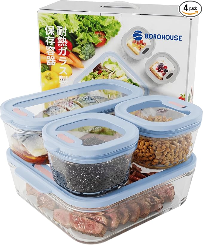 4-Pack Glass Food Storage Containers with Tempered Lids – Borosilicate, Airtight, Oven-Safe (-4°F~950°F), BPA-Free, 1Cup*2 & 2.3Cup*1 & 5.7Cup*1(Light blue)