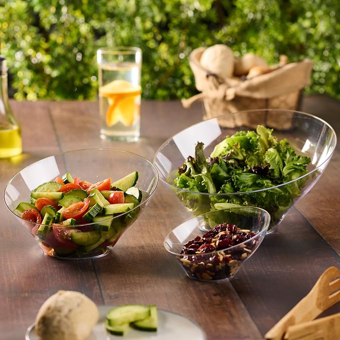 PLASTICPRO Angled Plastic Bowls Disposable Large Plastic Clear Serving Bowls with Gold Rim for Party for Appetizer Salads Pack of 4