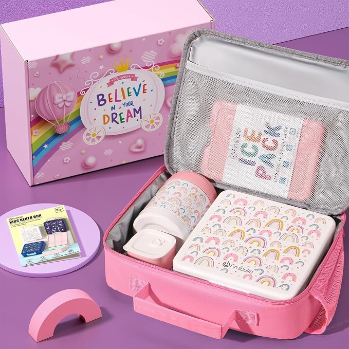 Fimibuke Kids Bento Snack Lunch Box with Thermo Insulated Toddler Lunch Bag | Lunch Box Kids with 4 Compartment, Food Jar, Ice Pack, Utensils, Birthday Gifts for Ages 3-12 Back to School Toddler Girl Boy