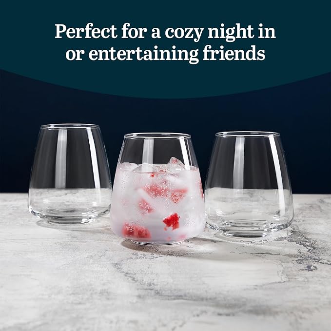 Libbey Stackable Stemless Wine Glasses Set of 6, Tapered Bulb Shaped All Purpose Wine Glass Set, Dishwasher Safe Glass Wine Glasses, Cocktail