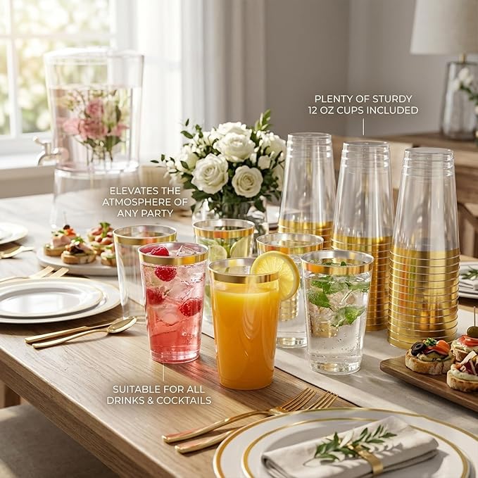 Byvivace 12oz Clear Plastic Cups with Gold Rimmed Sturdy & Food Safe Disposable Wine Glasses Wedding Cups Party Cups Plastic Cocktail Glasses for Wine, Juice, Cocktails and Cold Beverages [100 Pack]