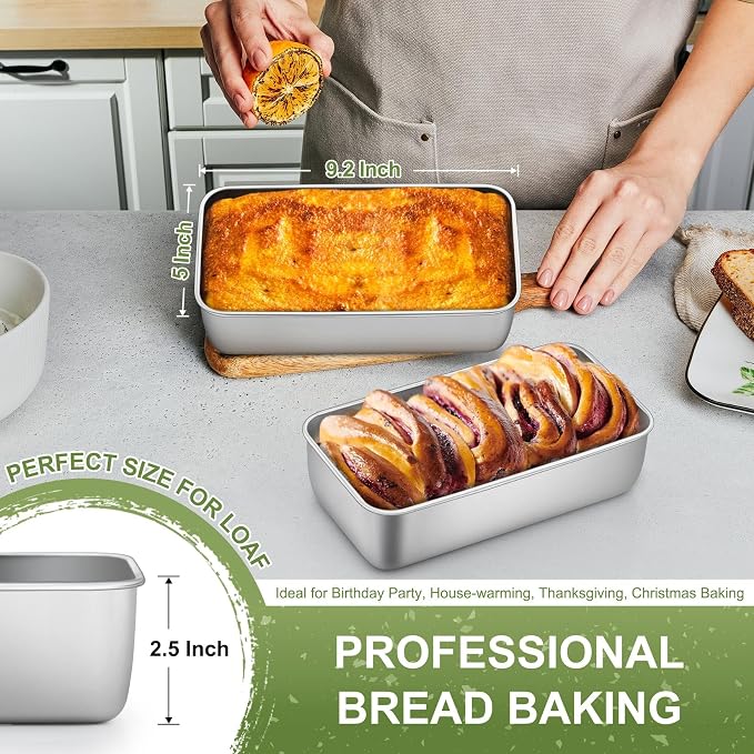 P&P CHEF Loaf Pan, 9 x 5 Inch Stainless Steel Bread Pan, (Silver, 2Pcs) | Loaf Toast Baking Pans Tins Set For Bread Meatloaf Lasagna Cake, Healthy & Sturdy, Oven & Freezer Safe, Easy to Clean