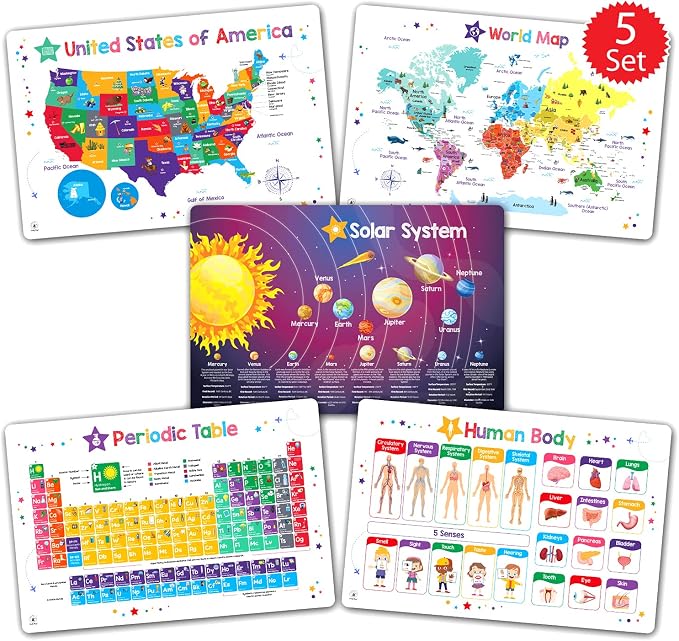 Simply Magic 5 Educational Placemats for Kids - Kids Placemats Non Slip | Kids Placemats for Dining Table, Wipeable Reusable Plastic Learning Place Mats: USA, World Map, Periodic Table, Solar System