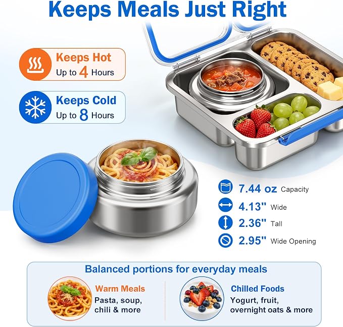 Pawtong Stainless Steel Bento Box Kids Adult with 7oz Insulated Food Jar, Transparent Lid Metal Lunch Box With Soup Thermal Jar, Lunch Box Container with Removable Divider & Sauce Cup School (Blue)