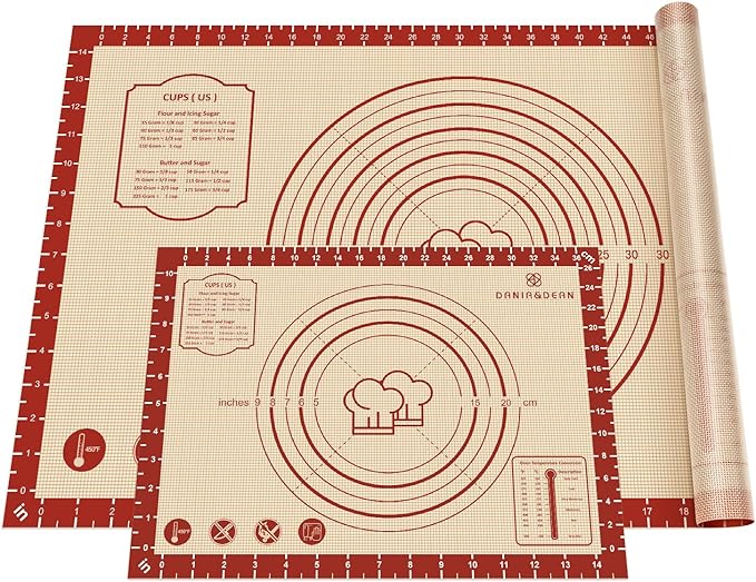 DANIA & DEAN 2 Pack 26"x16" & 11"x16" Extra Thick Silicone Baking Mat Set | Non-Slip & Non-Stick Mat with Measurements, for Pastry, Dough Rolling, Pizza, Sourdough, Counter & Reusable Oven Baking Sheet