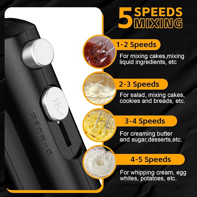 Lord Eagle 5-Speed Hand Mixer Electric With 4 Mixing Bowls Set | 300W Lightweight Kitchen Handheld Mixer with Measuring Cups & Spoons, Stainless Steel Bowls, Baking Supplies for Cake, Black