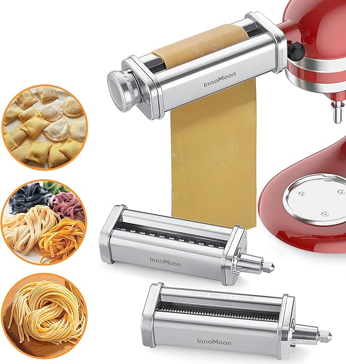 Pasta Attachment for KitchenAid Stand Mixer, 3-in-1 Pasta Maker Attachment | Stainless Steel Pasta Sheet Roller with Spaghetti & Fettuccine Cutters for Fresh Homemade Pasta, Fits for KitchenAid Mixers