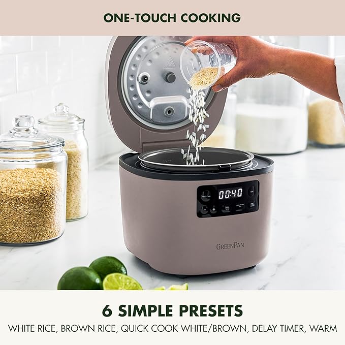 GreenPan Advanced Rice Cooker, 4-Cups Uncooked/8-Cups Cooked, Removable Nonstick Ceramic PFAS-Free Pot, White & Brown Rice, Family Sized, Quick Cook in 25mins, 6 Presets, Fuzzy Logic Tech, Clay