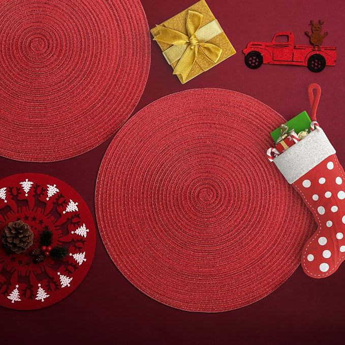 AHHFSMEI Round Braided Placemats Set of 6 Woven Table Mats for Dining Table Heat Resistant Easy to Clean Perfect for Kitchen & Home Decor (Christmas Red)