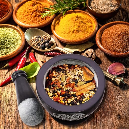 Mortar and Pestle, Made of Heavy Duty Polished Hard Stone, Natural Stone Grinder for Spices, Pastes, Herbs, Seasoning etc. (Black with Engraving)