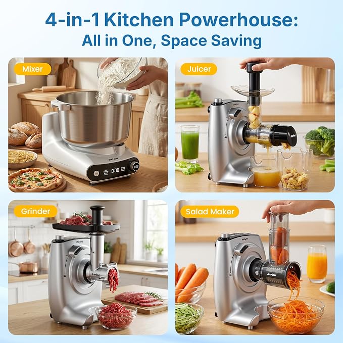 Electric Dough Mixer, Stand Mixer with Meat Grinder, Juicer | 4-in-1 Multifunctional Stand Mixer with Salad Maker 5.3QT Dough Mixer with Fermentation and Stainless Steel Bowl home Kitchen