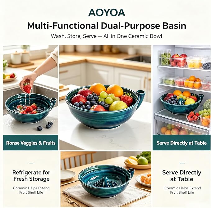 Self Spinning Ceramic Berry Washing Bowl with Drain Holes, 7'' Kitchen Fruit Washer Spinner Bowl with 10pcs Sponges，Green A