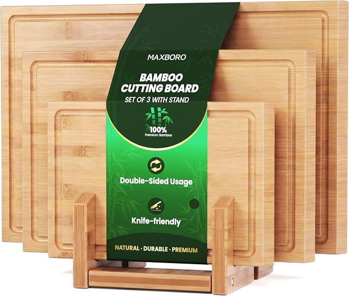 Bamboo Cutting Board for Kitchen, Double-Sided with Stand, Natural | 3-piece Chopping Board Set With Juice Grooves, Vertical Storage Rack, and Comfort Side Handles for Effortless Meal Prep