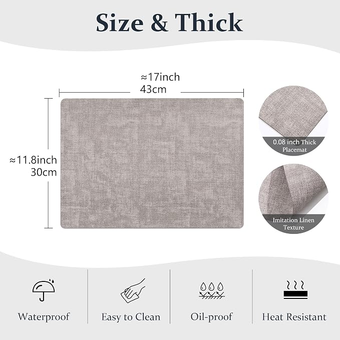FROMHEART Faux Leather PU Placemats Set of 4 (Light Grey,11.8" x 17") | Waterproof,Heat/Oil Stain-Resistant Table Mat–Reversible,Non-Slip,Easy to Clean Place Mats for Kitchen,Dining,Indoor/Outdoor