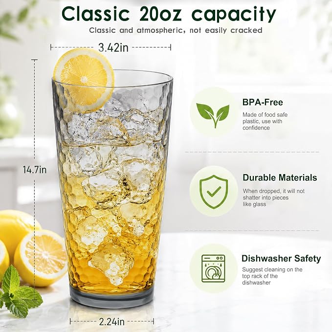 Plastic Drinking Glasses,Set of 6,Plastic glass cup (20 Ounces) | 20 oz plastic Tumbler Cups, Shatterproof Drinking Cups,cups for kitchen ,cup set, Dishwasher Safe