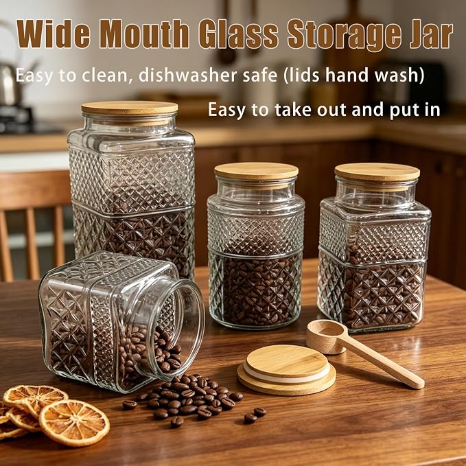 1 Gallon Large Glass Jar Airtight Lid Spoon Vintage Glass Storage Jars | 120 OZ Square Wide Mouth Glass Coffee Canister Container for Candy Sugar Tea Nuts Flour Dog Treat