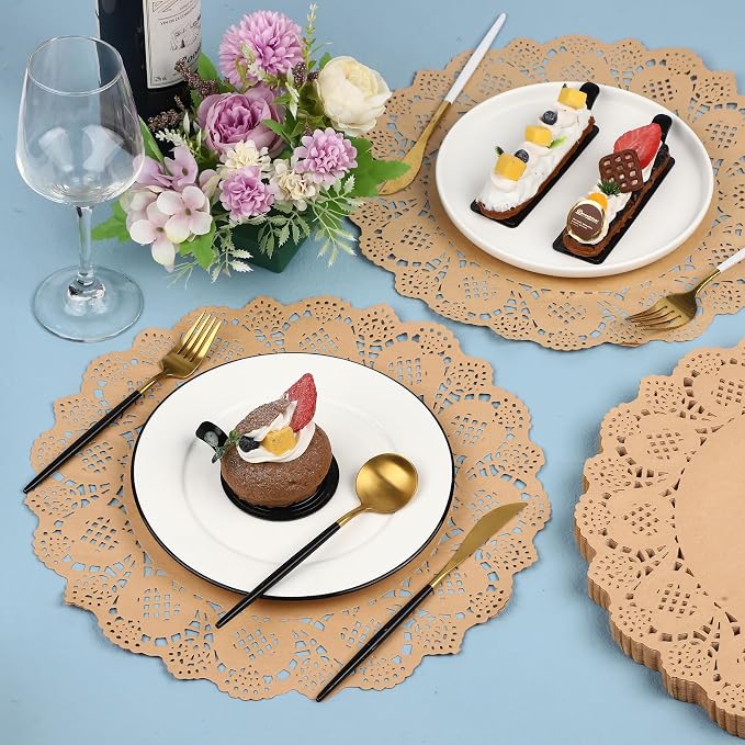 MCEAST 100 Pack Round Brown Kraft Paper Doilies 13.5 Inches Lace Paper Place Mats Rustic Scallop Doily Disposable Table Pads for Food Cakes Crafts Party Weddings Tableware Decor