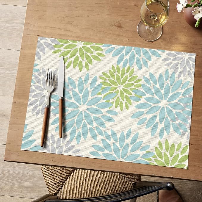 Artoid Mode Floral Vinyl Plastic Placemats Set of 4, 12x18 Inch Washable Non-Slip PVC Place Mats for Party Kitchen Dining Decor, Sage