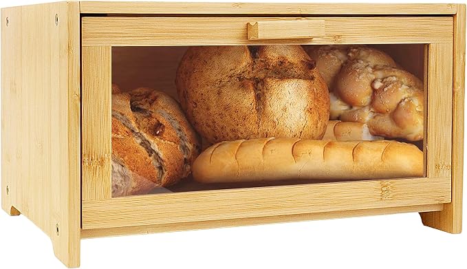 Bamboo Bread Box for Kitchen Countertop,Large Bread Storage Container with window,Modern Bread Storage Bin for Homemade Bread Organizer (Single Layer)
