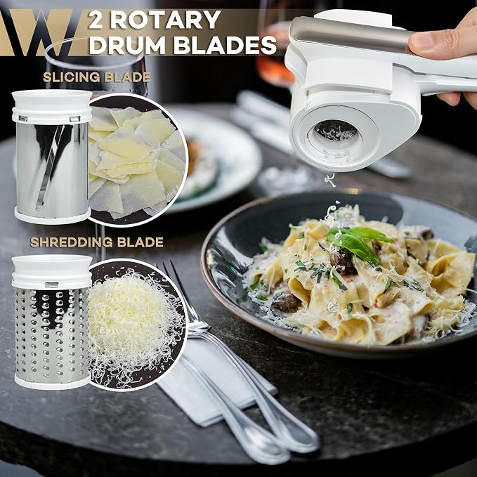 Electric Cheese Grater for HARD Cheeses (NOT Cheddar!) - Wongle Automatic Handheld Electric Cheese Grater for Parmesan Cheese, Cordless with USB-C Charging Station (White)