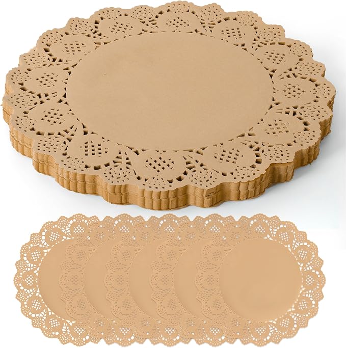 300 Pack 13.5 Inch Round Kraft Paper Doilies, Disposable Lace Placemats | Rustic Brown Scallop Doily Table Pads, Heavy-Duty Paper Place Mats for Cakes, Crafts, Parties, Weddings, Buffet, Home Decor