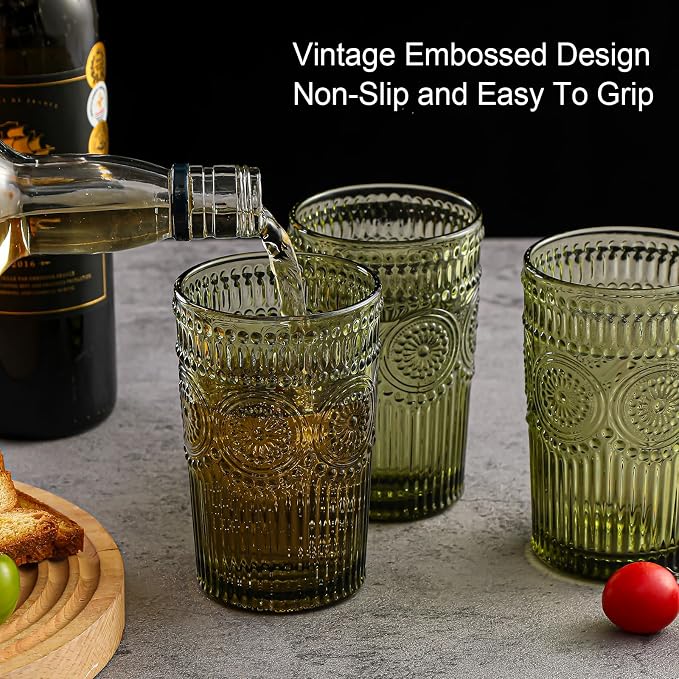 ZMOWIPDL Drinking Glasses Set of 6,13oz Flower Design Green Glass Cups | Vintage Glassware,Textured Tumblers,Embossed Striped Drinkware for Water,Cocktails,Juice,Iced Coffee
