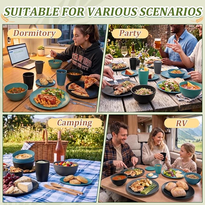 PYRMONT 40 Piece Unbreakable Plates and Bowls Sets for 8 Wheat Straw Dinnerware Set Lightweight Dishes Set Microwave & Dishwasher Safe,Apartment Essentials,New House,Family Gathering-Nightscape