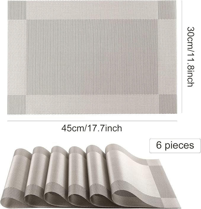 Placemats, Place Mats for Kitchen Dining Table, Heat-Resistant Anti-Skid Stain Washable PVC Table Mats, Easy to Cleaning Woven Vinyl Dinner Mats (Silver, 6 Pack)