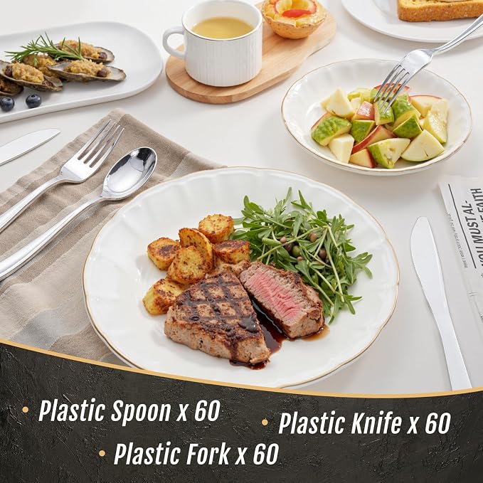 180 Pieces Silver Plastic Silverware - Silver Plastic Cutlery - Fancy Plastic Silverware Heavy Duty - 60 Forks 60 Knives 60 Spoons - Disposable Plastic Utensils Perfect for Party Wedding