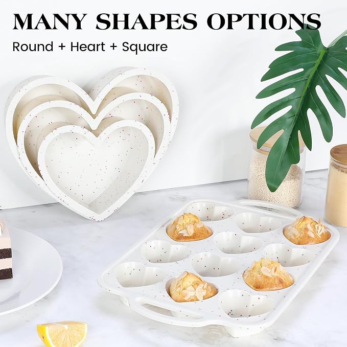 Heart Shaped Muffin Pan, 12 Cup, 2.5 Inch, Cream | 2 Pcs, Metal Reinforced Frame, Nonstick Silicone, Heart Cake Mold for Baking, Cupcake Tray