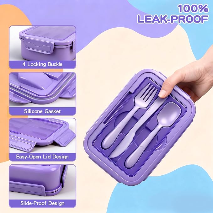 Bento Box Set for Women & Girl, 1100ml Stackable Containers Purple | Includes lunch bag, spoon, fork, sauce box,BPA-free & dishwasher safe,For adults.child, school, work, office, travel, picnic