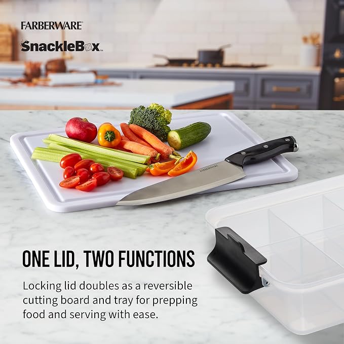 Farberware Small Build-a-Board Snacklebox with Locking Plastic Cutting Board Lid, Portable Charcuterie Storage with 7 Compartments (Pack of 4)