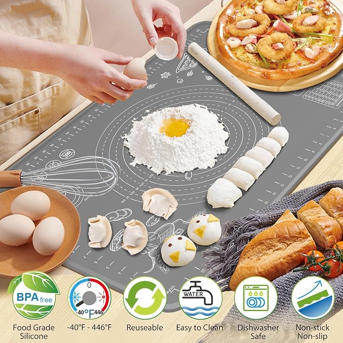 Silicone Baking Mat 24" x 16" Extra Thick Non-stick Pastry Mat with Measurements and Edge Heightening, Food Grade Silicone for Countertop Dough Rolling Making Bread, Cookies, Pizza, Fondant, Pasta