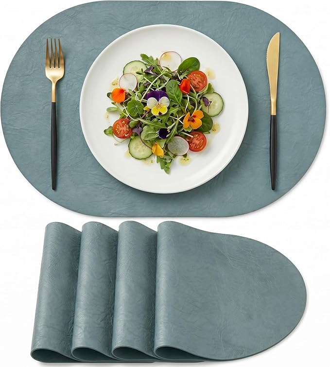 Artoid Mode Blue Faux Leather Oval Placemats Set of 4, 12 x 18 Inch Waterproof Wipeable Heat Resistant Vinyl Place Mats, Reversible Table Mats for Kitchen Dining Decor