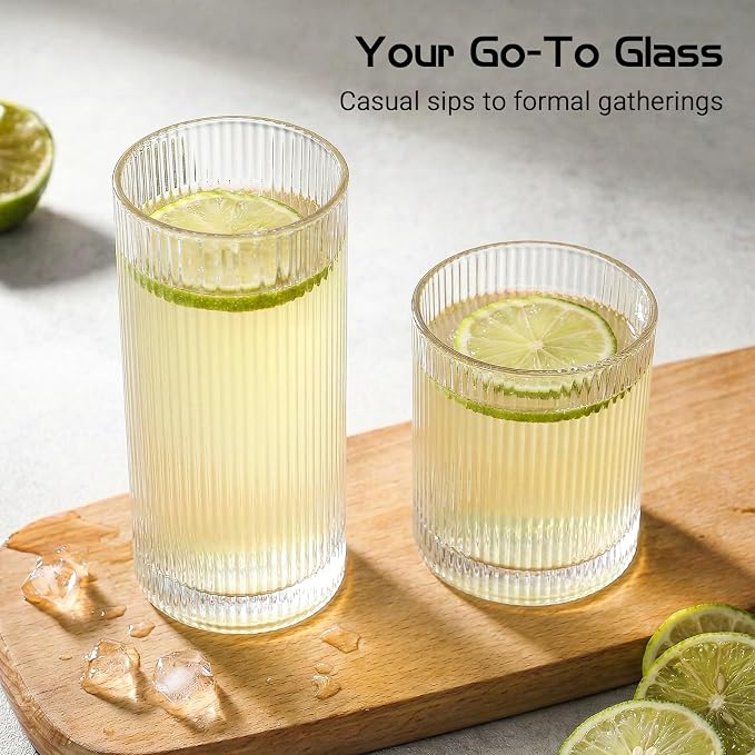 JOVGANK Drinking Glasses Set of 8 – Lead-Free Crystal Glassware, 4 Tall 15oz & 4 Short 10oz Vintage Ribbed Tumbler Glasses, Dishwasher Safe, for Juice Beer Cocktails, Great Housewarming Gift, Set A