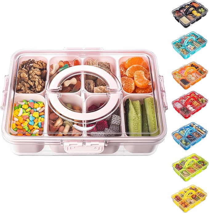 Dingerjar Divided Serving Tray with Lid and Handle - Snackle Box Charcuterie Container for Portable Snack Platters Organizer for Candy, Fruits, Nuts, Snacks - Perfect for Party, Entertaining, Pink