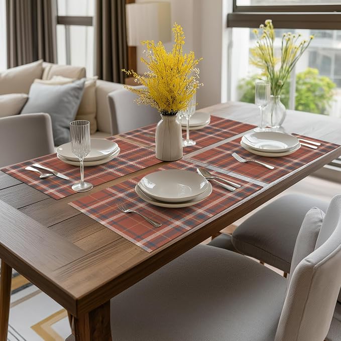 Artoid Mode Stripe Plaid Vinyl Placemats Set of 4, 12x18 Inch Washable Non-Slip Heat Resistant Plastic Place Mats for Party Dining Table, Rust