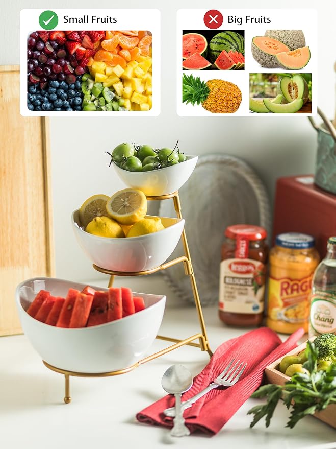 YHOSSEUN 3 Tier Serving Stand Oval Tiered Serving Bowl with Metal Rack | Chip and Dip Serving Bowl Set for Parties, Catering Supplies Buffet Food Display Dessert Appetizer, Gold-45oz/17.5oz/7oz