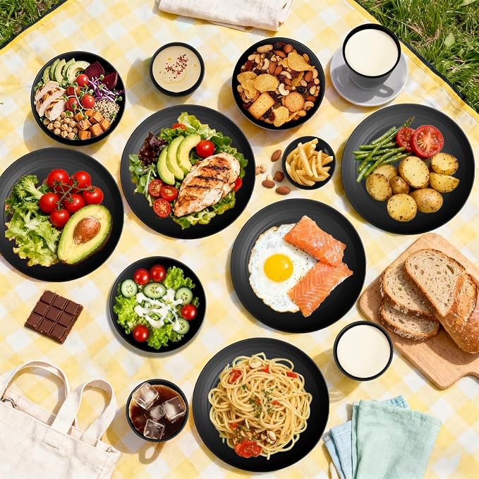 Wheat Straw Dinnerware Sets 16 PCS, Unbreakable Kids Plates and Bowls for 4-9 IN Plates, 26 OZ Cereal Bowls, 2 OZ Dipping Bowl, 12 OZ Cups, Dishwasher & Microwave Safe Plate Set - Black