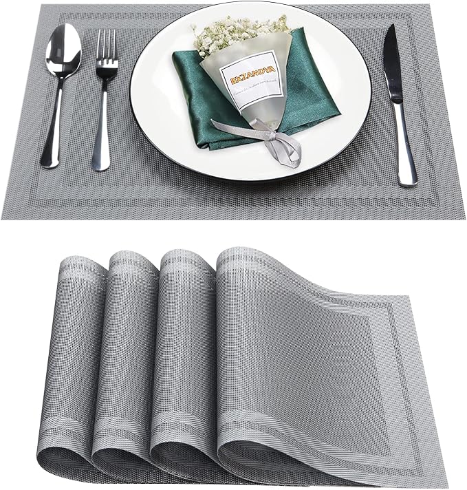 Gray Vinyl Placemats Set of 4,Washable Dining PVC Table Mats | Heat resistant, stain resistant non slip vinyl place mats, washable gray table placemats for dining table