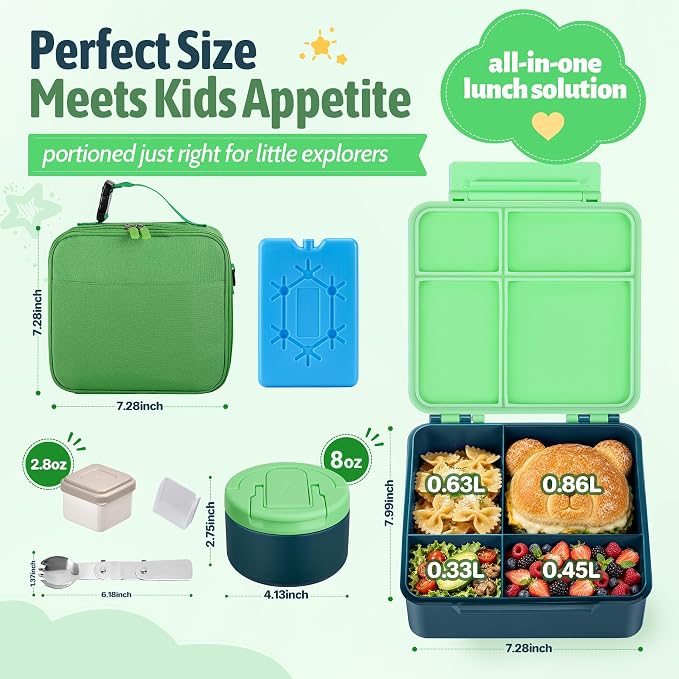 Bento Lunch Box Set with 8 oz Soup Thermo, Kids Leakproof 4 Compartments Hot Food Container with Sauce Cup, Ice Pack and Lunch Bag, Child Insulated Food Jar for School - Green