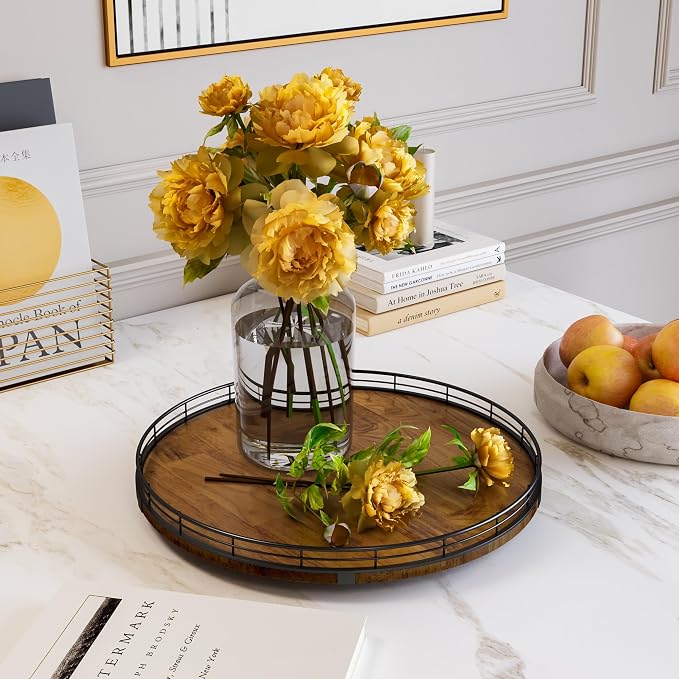 AMH 16-Inch Farmhouse Oak Lazy Susan Organizer, Walnut Finish | Smooth rotating oak tray with walnut finish for dining tables, kitchen counters, pantries and cabinet storage.