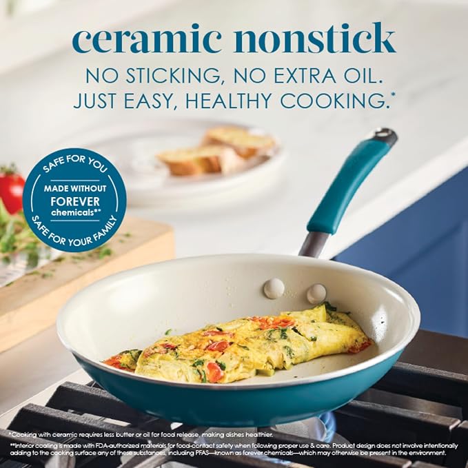 Rachael Ray Cucina Ceramic Nonstick Frying Pans/Skillet Set, Dishwasher Safe, 8.5 inch and 10 inch Open Fry Pans - Marine Blue