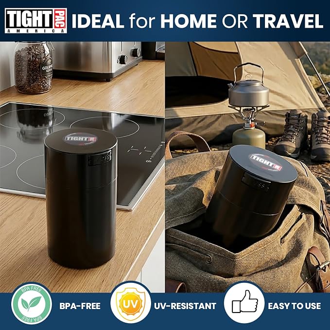 Tightvac 1 to 6 Ounce Airtight Container - Multi-use Storage Container for Herbs, Coffee and Dry Goods, Patented Vacuum Seal Airtight Containers, Black