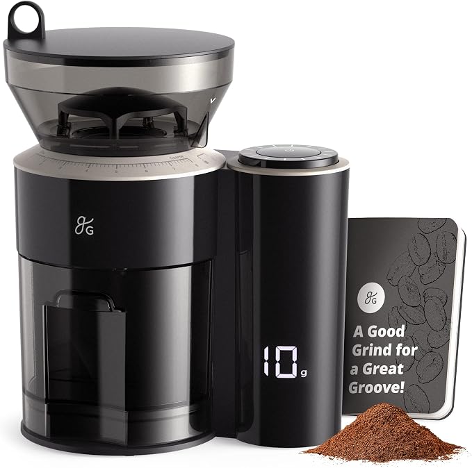 Greater Goods Coffee Grinder with Built-in Dosing Scale - Conical Burr Grinder with 8 Grind Settings, UV-Tinted 200g Hopper, for Espresso, Pour Over, French Press & Cold Brew, Onyx Black