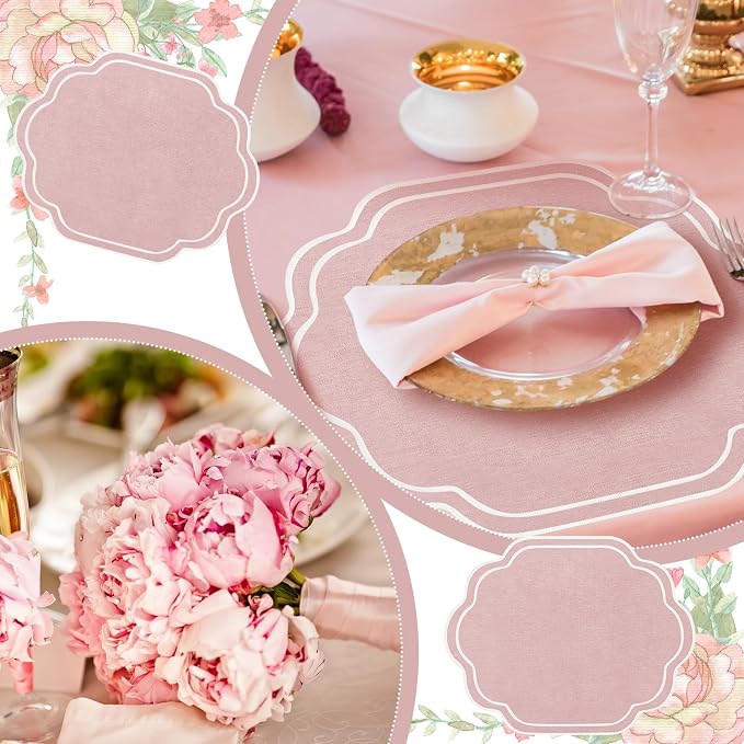 6 Pcs Pink Wedding Placemats Scalloped Embroidered Cotton Linen Placemats 17" x 13" Double Layered Machine Washable Table Place Mat for Party Table Decor (Cotton)