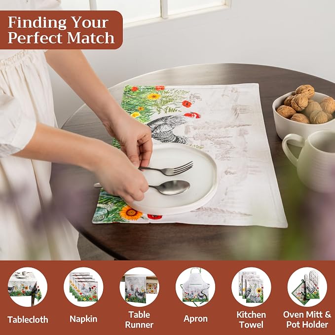Maison d' Hermine Placemats Set of 4 Reusable 100% Cotton (13"x19") | Cloth Place Mats Washable Table Mats for Kitchen Dining Party Wedding Hotel Home Restaurant Spring Summer - Basse Cour