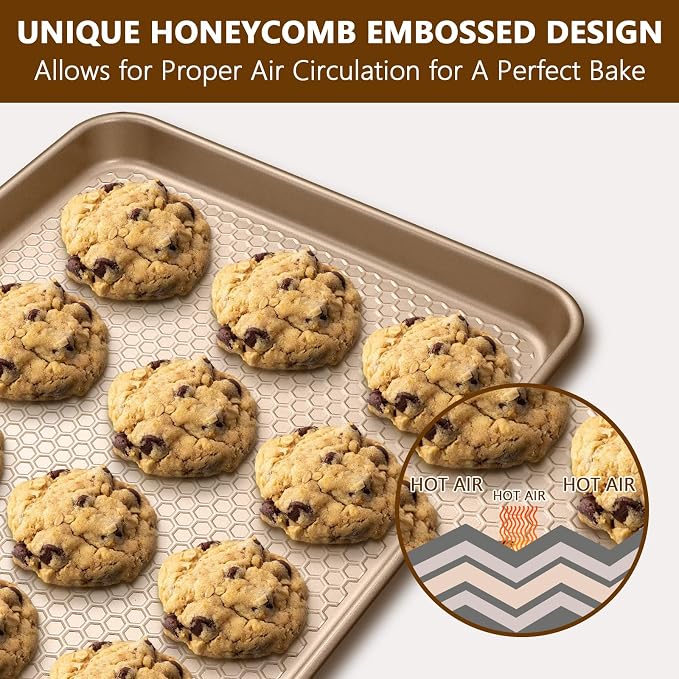 Wildone Baking Sheet Pan Set of 2, Honeycomb Embossed Nonstick Cookie Sheet | Thicker Carbon Steel Half Sheet Pan Oven Tray 17.5x12 Inch, Heavy Duty & Easy Clean, Champagne Gold